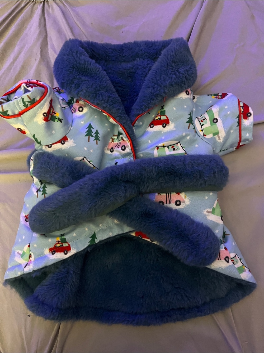 Blue Plush Lined bathrobe with Holiday Camper Print